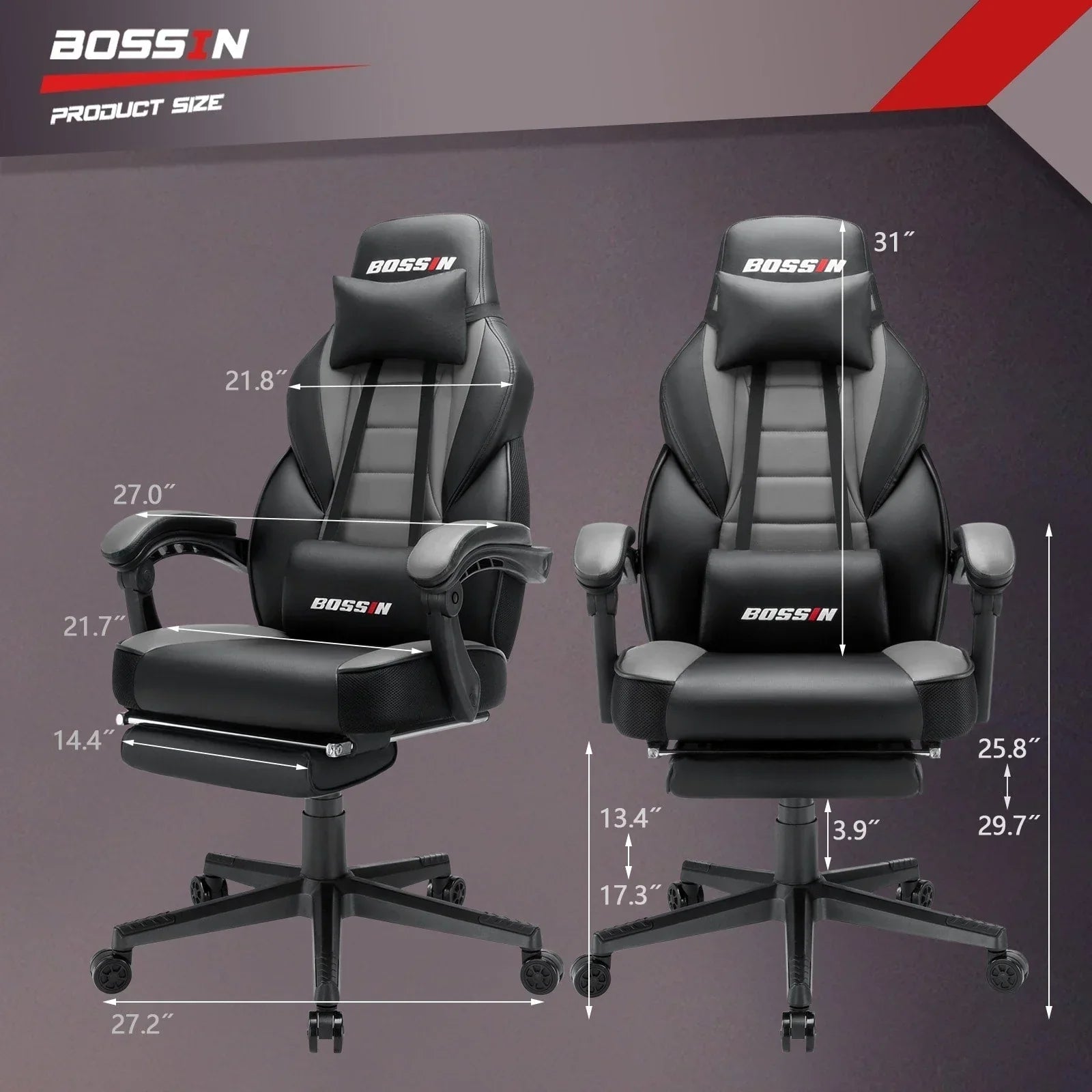 Sedia da gaming BOSSIN Racing Style, sedia da gamer per persone robuste fino a 136 kg, sedia da computer con schienale alto