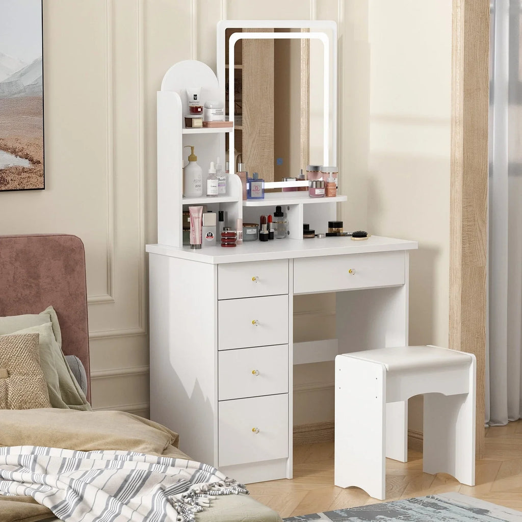 Tavolo da Trucco con Luci a LED, Specchio e Sgabello
