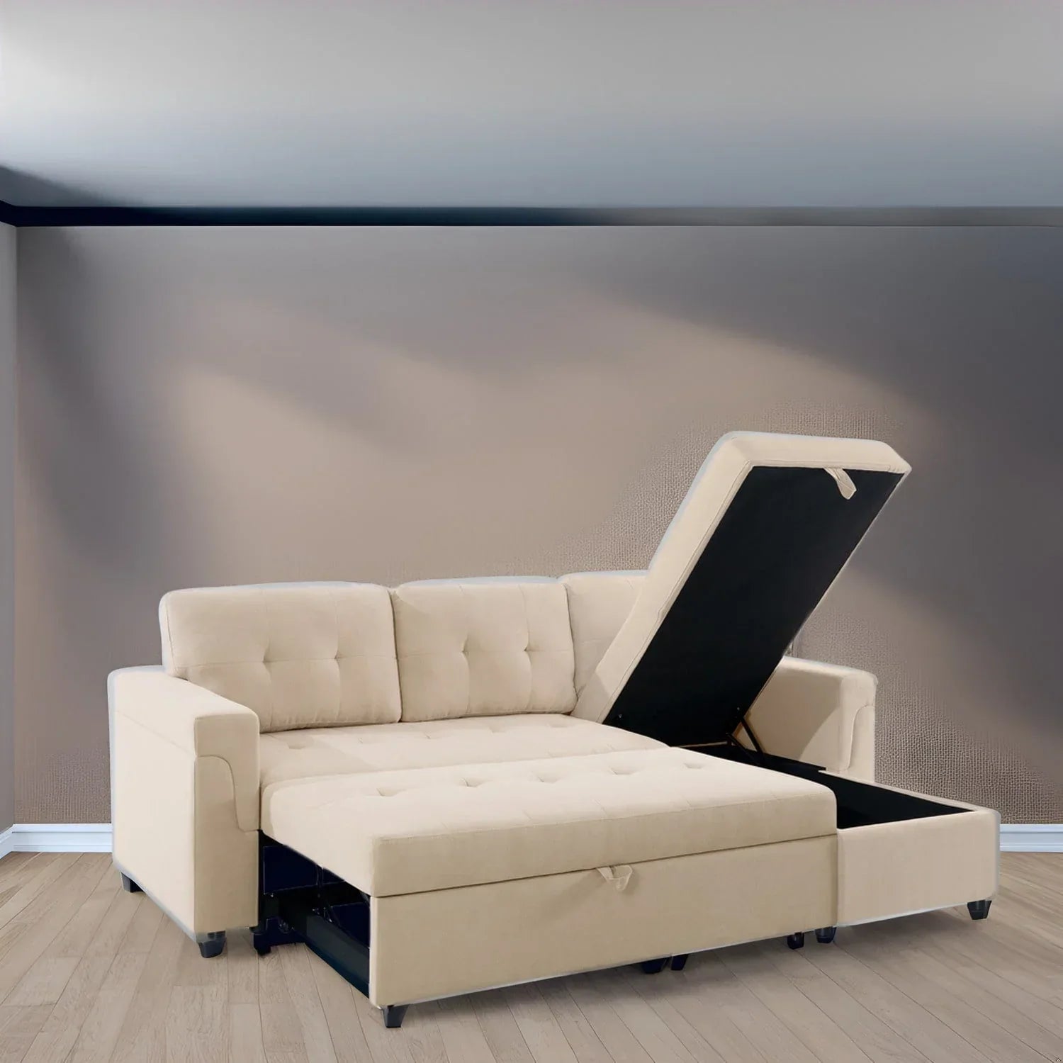 Divano componibile convertibile reversibile con letto estraibile, chaise longue con contenitore nascosto e gambe durevoli