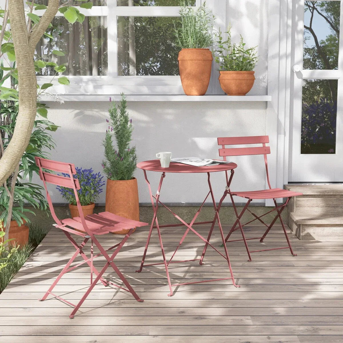 Set bistro pieghevole in metallo da 3 pezzi, set conversazione resistente alle intemperie per esterni/interni, per patio, cortile, giardino