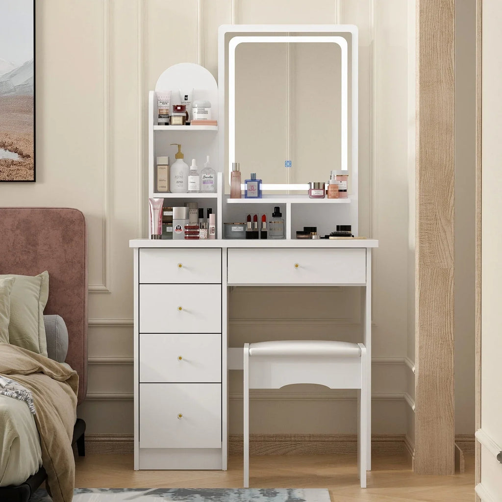 Tavolo da Trucco con Luci a LED, Specchio e Sgabello