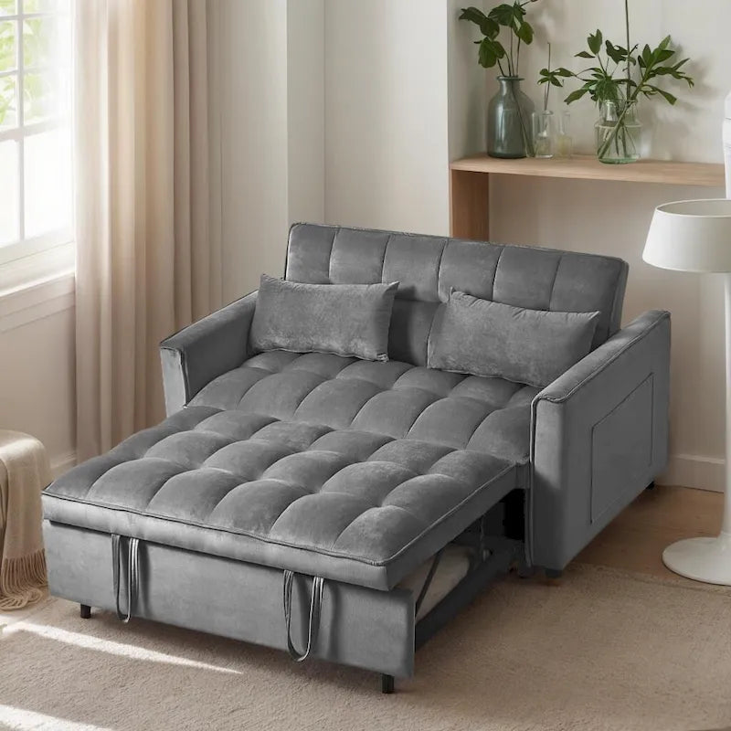 Divanetto Futon Moderno in Velluto con Schienale Reclinabile e Tasche, 2 Posti - Grigio Scuro / Grigio Chiaro / Blu / Nero