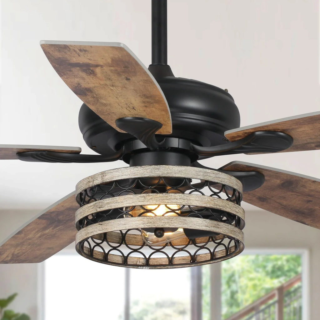 Ventilatore da soffitto da 52 pollici Farmhouse Driftwood a 5 pale, nero, con gabbia, con telecomando