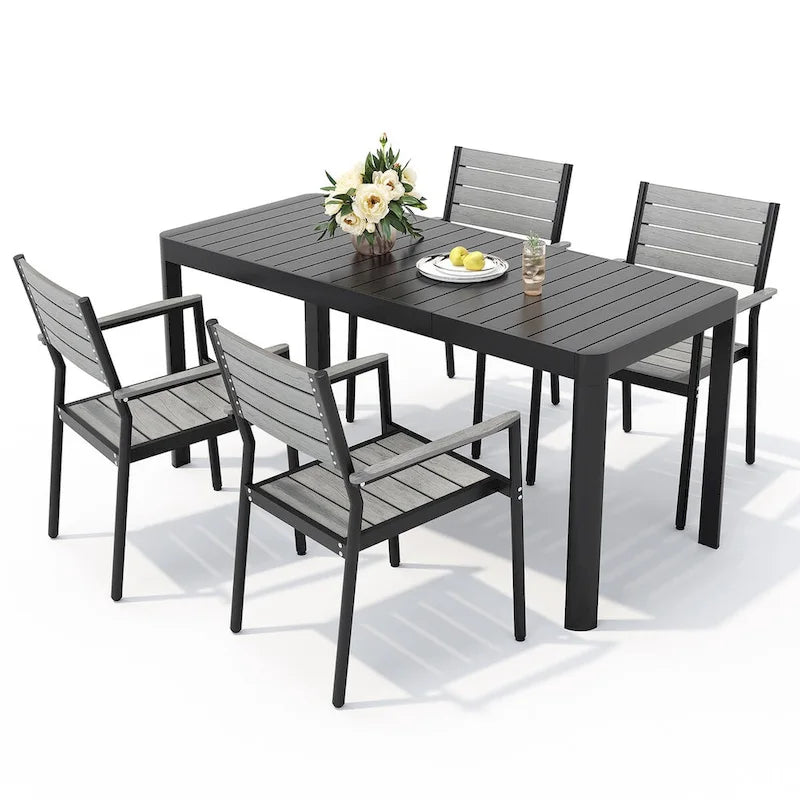Set da Pranzo da Esterno a 5/7 Pezzi per Patio con Sedie Impilabili in Alluminio e Tavolo Allungabile