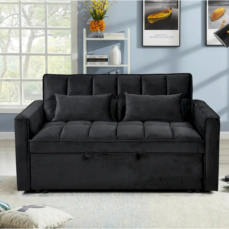 Divanetto Futon Moderno in Velluto con Schienale Reclinabile e Tasche, 2 Posti - Grigio Scuro / Grigio Chiaro / Blu / Nero