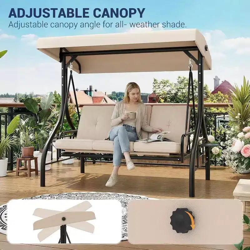 Dondolo da Esterno 2 in 1 Convertibile a 3 Posti con Tettuccio Regolabile, Letto a Dondolo da Patio con Struttura, Cuscini Spessi e Portabicchieri, per Cortile, Giardino, Portico