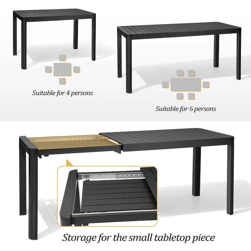 Set da Pranzo da Esterno a 5/7 Pezzi per Patio con Sedie Impilabili in Alluminio e Tavolo Allungabile