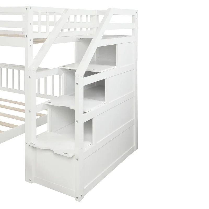 Letto a soppalco in legno per due persone con scale, sponde alte e scaletta