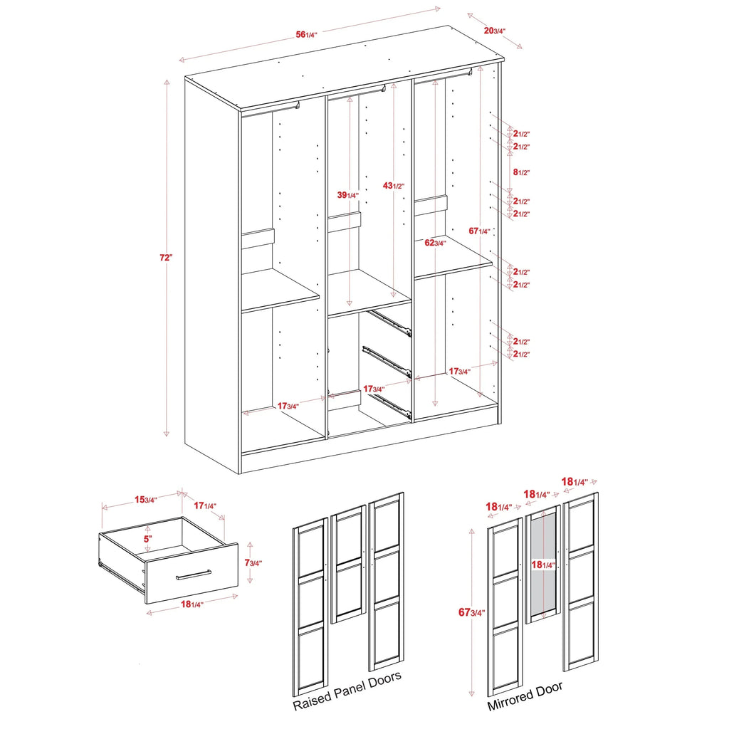 Palace Imports Armadio a 3 ante Cosmo 100% legno massello con ante in legno massello o a specchio