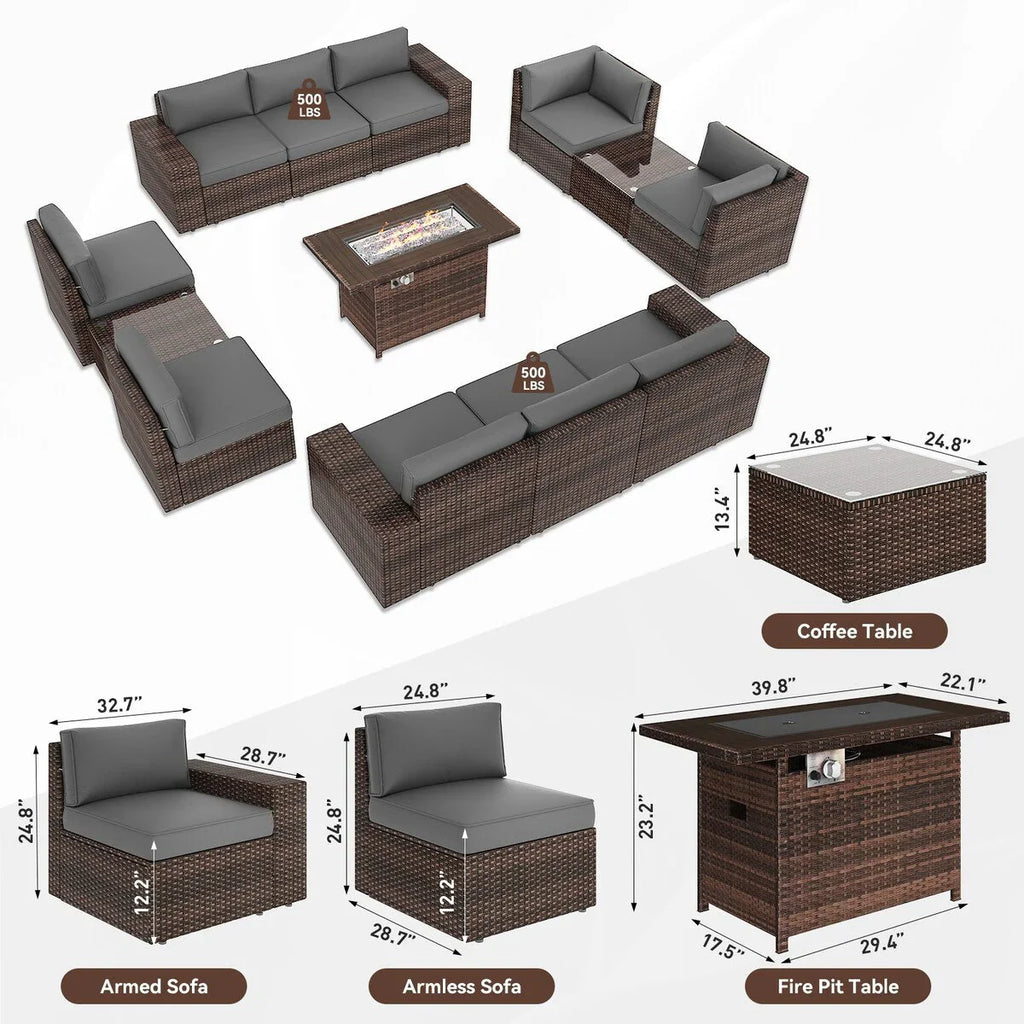 Set di mobili da giardino da 13 pezzi con tavolo braciere da 44 pollici