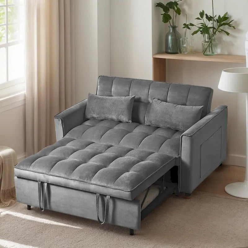 Divanetto Futon Moderno in Velluto con Schienale Reclinabile e Tasche, 2 Posti - Grigio Scuro / Grigio Chiaro / Blu / Nero