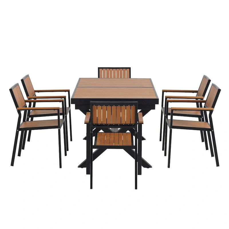 Set da pranzo da esterno allungabile a 7 pezzi con tavolo allungabile e 6 sedie con braccioli