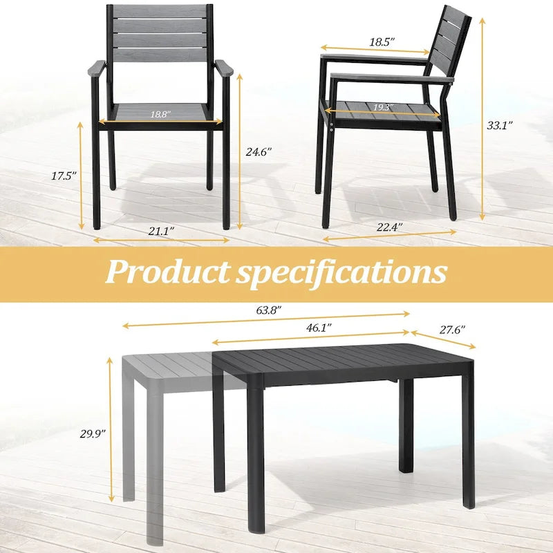 Set da Pranzo da Esterno a 5/7 Pezzi per Patio con Sedie Impilabili in Alluminio e Tavolo Allungabile