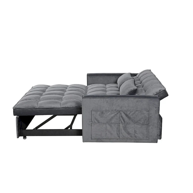 Divanetto Futon Moderno in Velluto con Schienale Reclinabile e Tasche, 2 Posti - Grigio Scuro / Grigio Chiaro / Blu / Nero