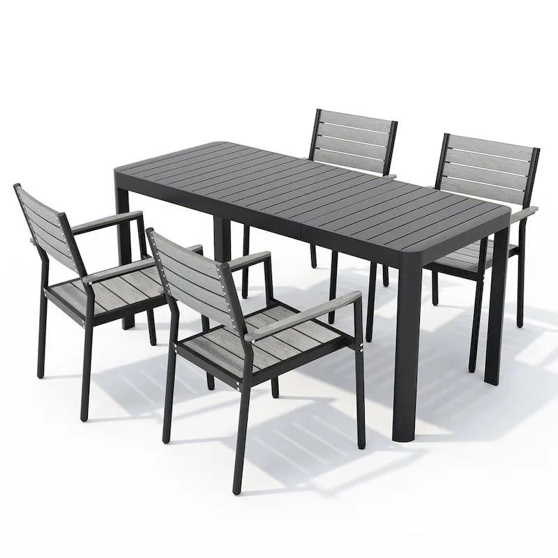 Set da Pranzo da Esterno a 5/7 Pezzi per Patio con Sedie Impilabili in Alluminio e Tavolo Allungabile
