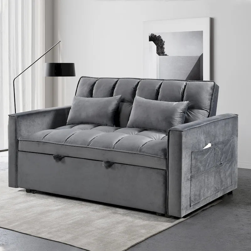 Divanetto Futon Moderno in Velluto con Schienale Reclinabile e Tasche, 2 Posti - Grigio Scuro / Grigio Chiaro / Blu / Nero