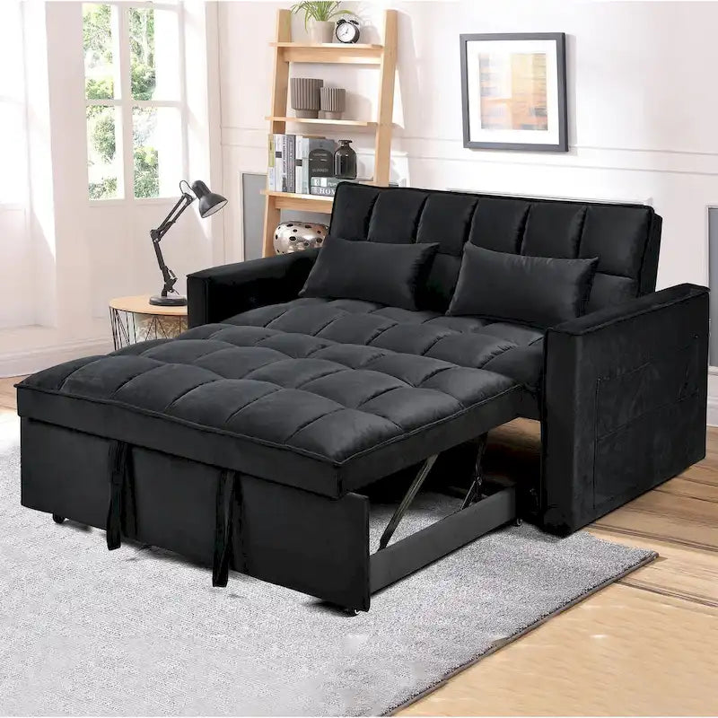 Divanetto Futon Moderno in Velluto con Schienale Reclinabile e Tasche, 2 Posti - Grigio Scuro / Grigio Chiaro / Blu / Nero