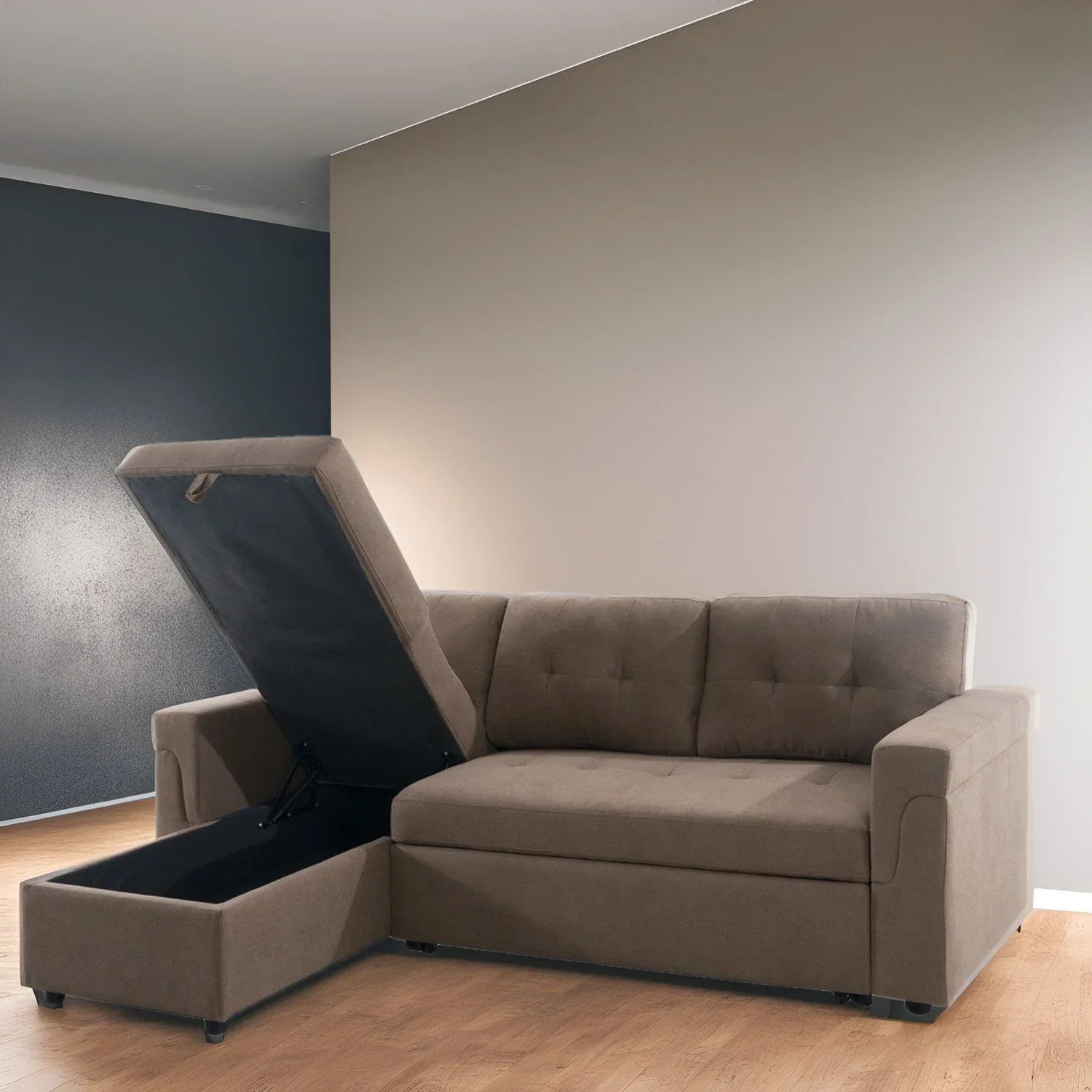 Divano componibile convertibile reversibile con letto estraibile, chaise longue con contenitore nascosto e gambe durevoli