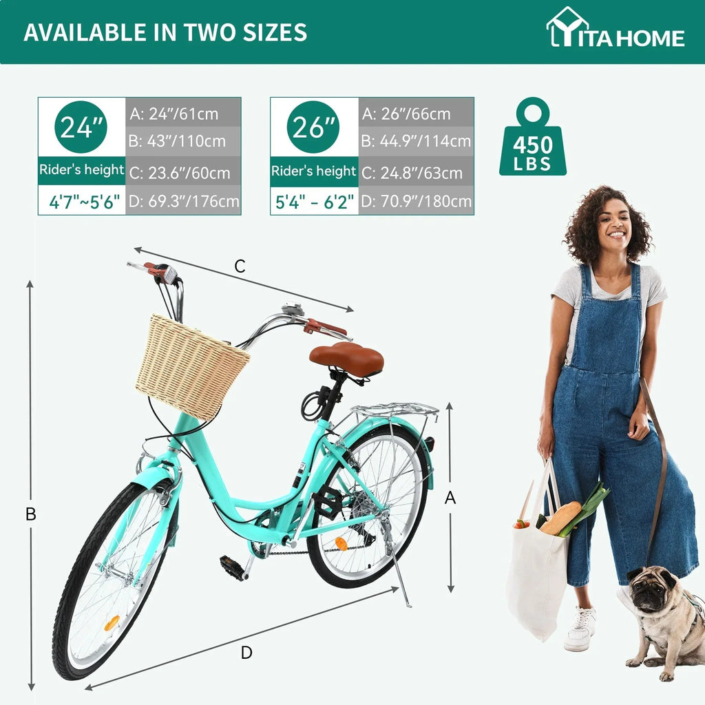 Moasis24/26 Bicicletta Cruiser a 7 velocità Regolabile con Telaio Ribassato, per Pendolari