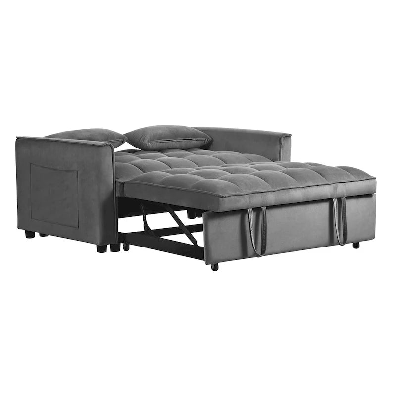 Divanetto Futon Moderno in Velluto con Schienale Reclinabile e Tasche, 2 Posti - Grigio Scuro / Grigio Chiaro / Blu / Nero