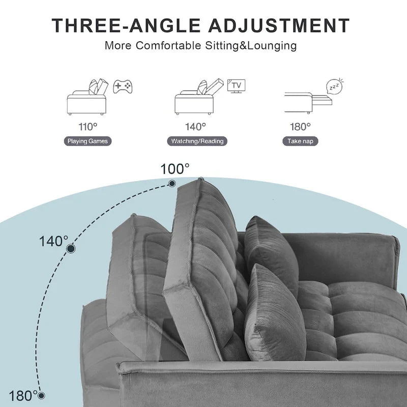 Divanetto Futon Moderno in Velluto con Schienale Reclinabile e Tasche, 2 Posti - Grigio Scuro / Grigio Chiaro / Blu / Nero