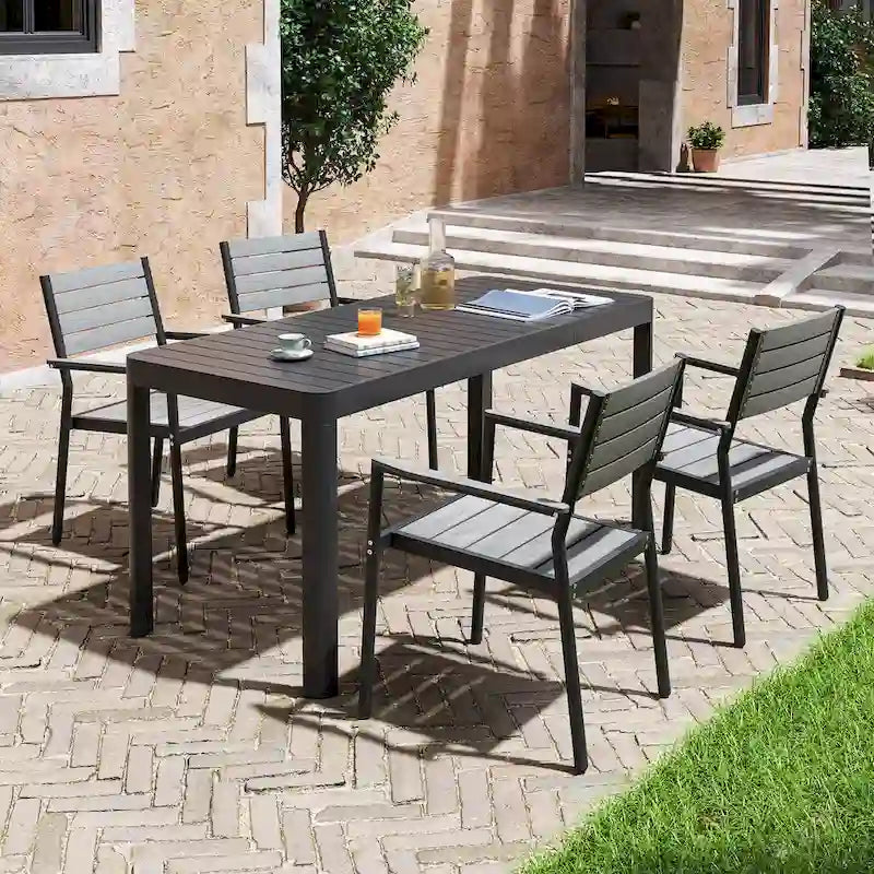 Set da Pranzo da Esterno a 5/7 Pezzi per Patio con Sedie Impilabili in Alluminio e Tavolo Allungabile