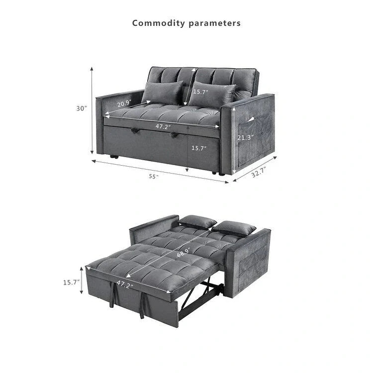 Divanetto Futon Moderno in Velluto con Schienale Reclinabile e Tasche, 2 Posti - Grigio Scuro / Grigio Chiaro / Blu / Nero