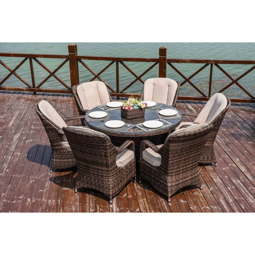 Set da pranzo rotondo da esterno in 7 pezzi in vimini di rattan con cuscini di Moda Furnishings
