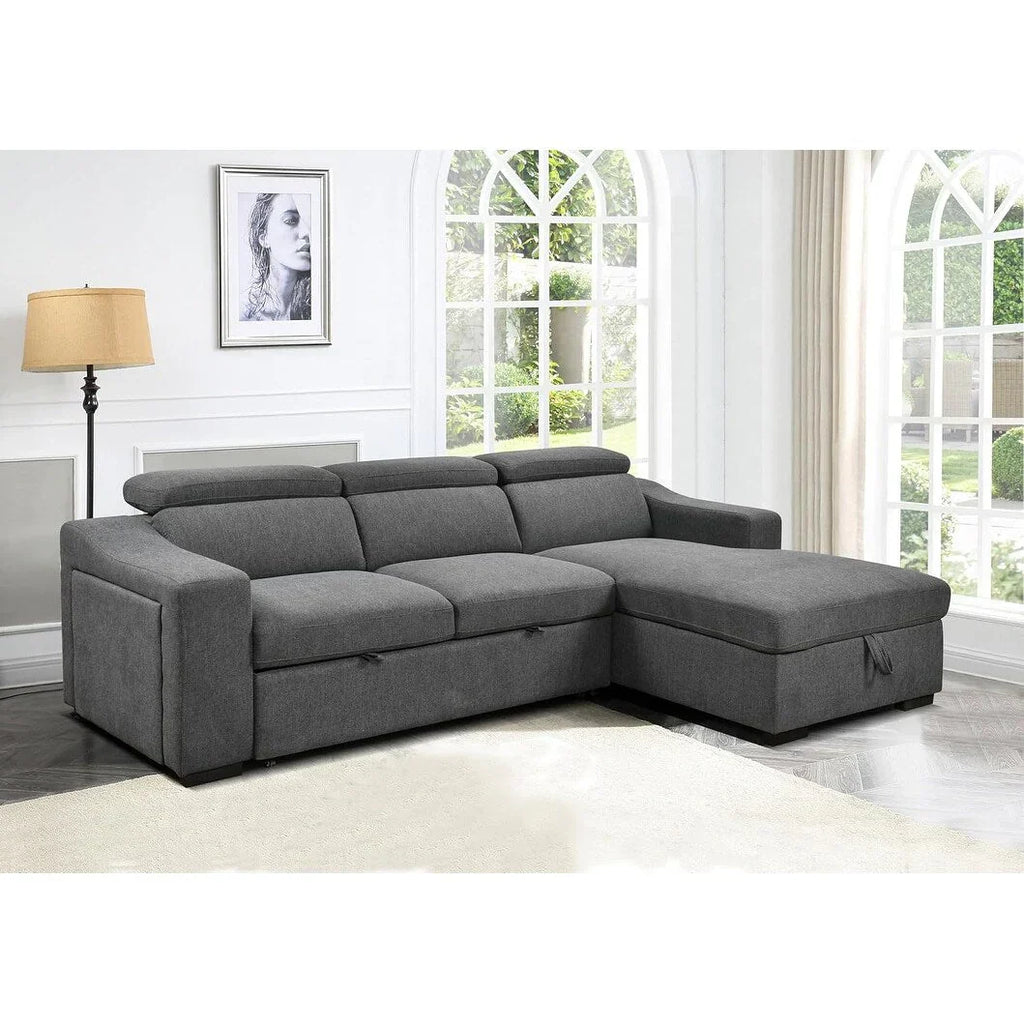 Divano sezionale convertibile Roomfitters 103 con chaise longue contenitore, poggiatesta regolabili, divano angolare letto a L, grigio scuro