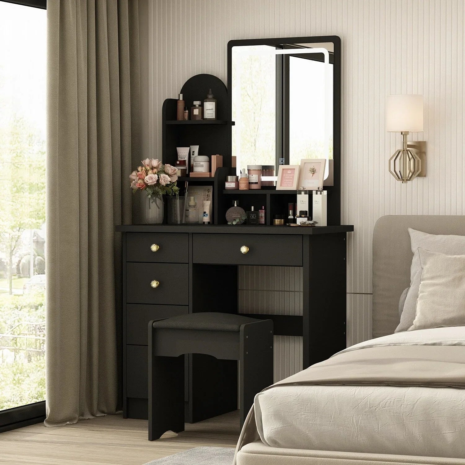 Tavolo da Trucco con Luci a LED, Specchio e Sgabello
