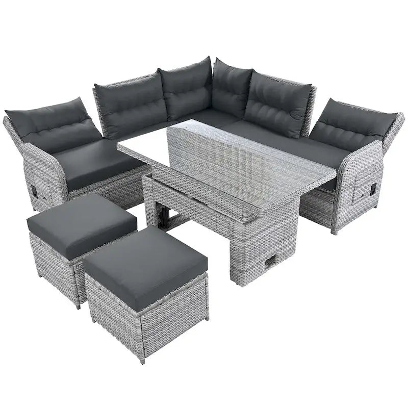 Set da esterni in rattan con tavolo regolabile, poltrone reclinabili e 2 pouf