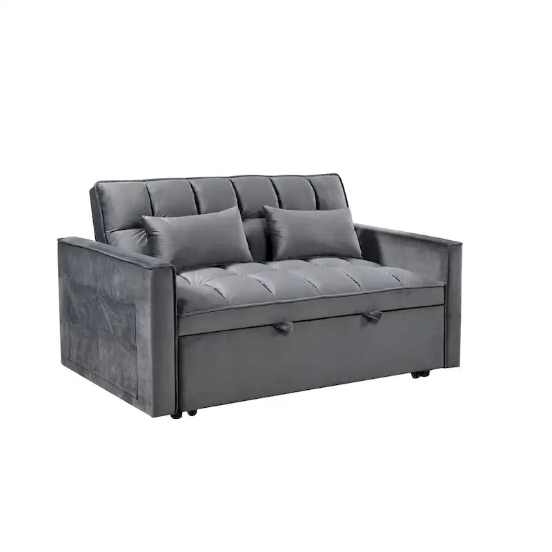 Divanetto Futon Moderno in Velluto con Schienale Reclinabile e Tasche, 2 Posti - Grigio Scuro / Grigio Chiaro / Blu / Nero