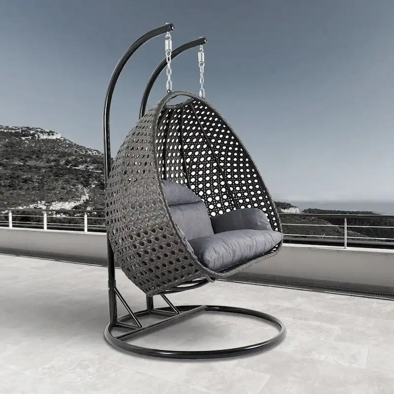 Sedia sospesa a dondolo a forma di uovo con supporto in metallo, telaio in vimini e cuscino – Beige / Blu antracite / Bianco / Blu / Bianco antico / Marrone / Tela, 2 posti